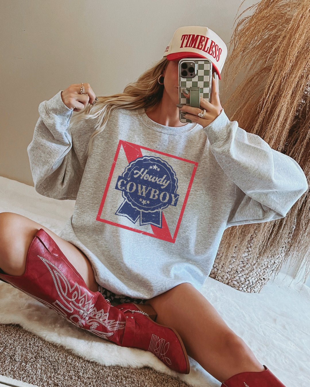 Howdy Cowboy Blue Ribbow crew neck