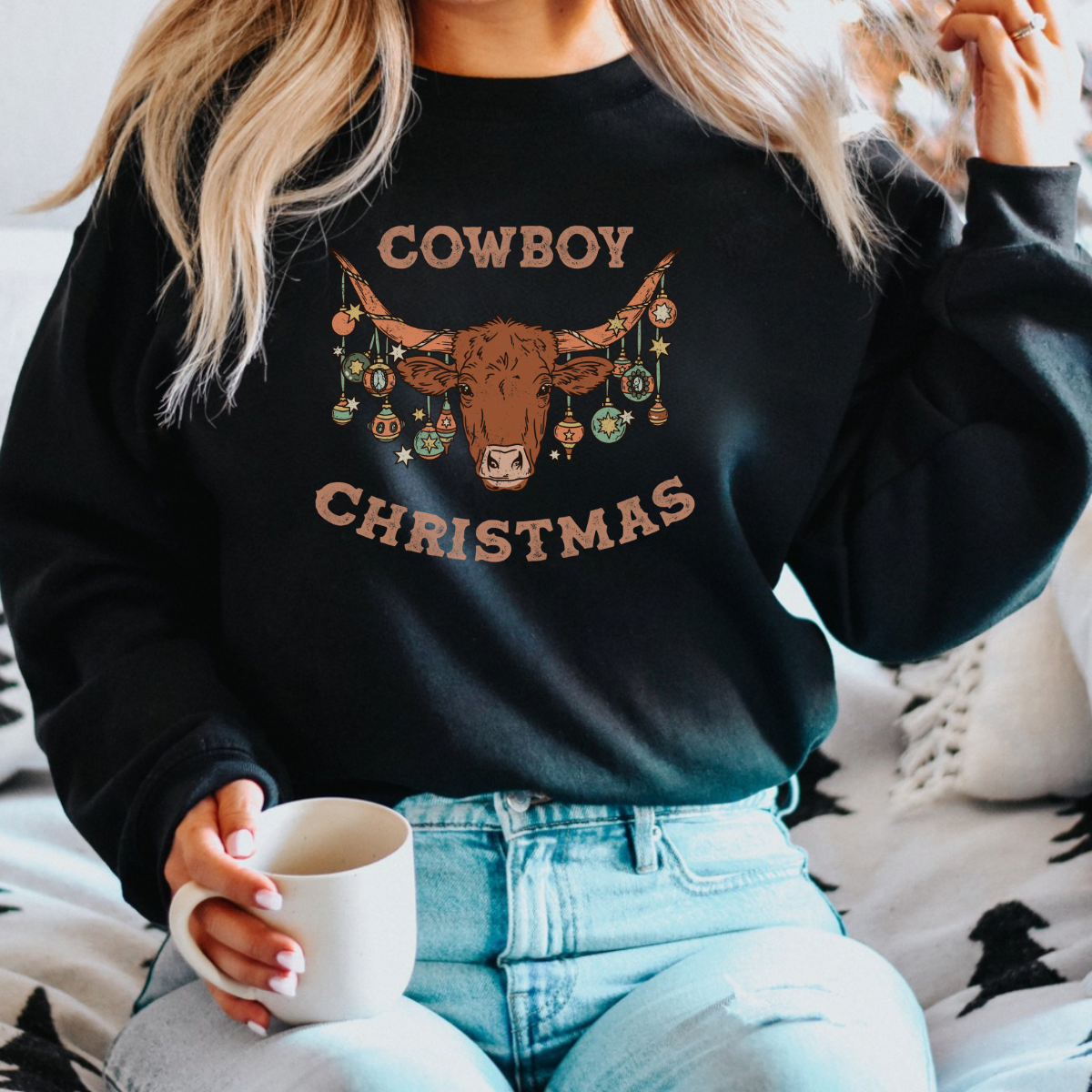 Cowboy Christmas black crew neck. western Christmas sweater, rodeo Christmas, cowboy sweater, long horn, highland cow, ornament, crew neck,