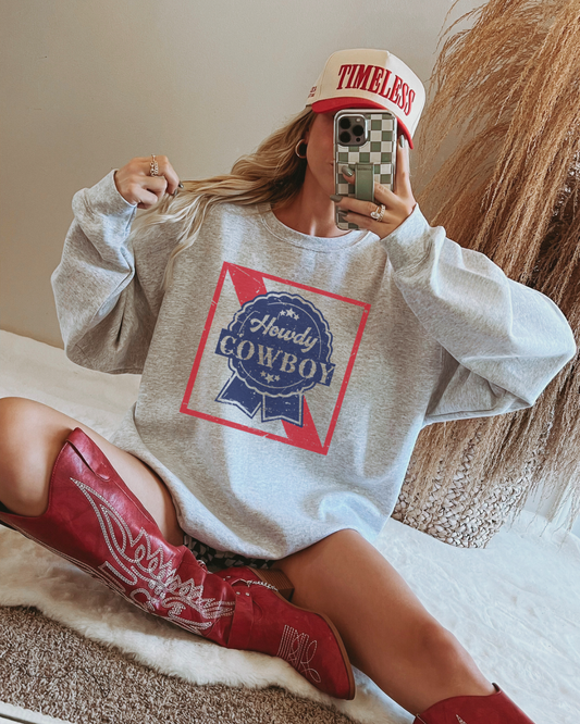 Howdy Cowboy Blue Ribbow crew neck