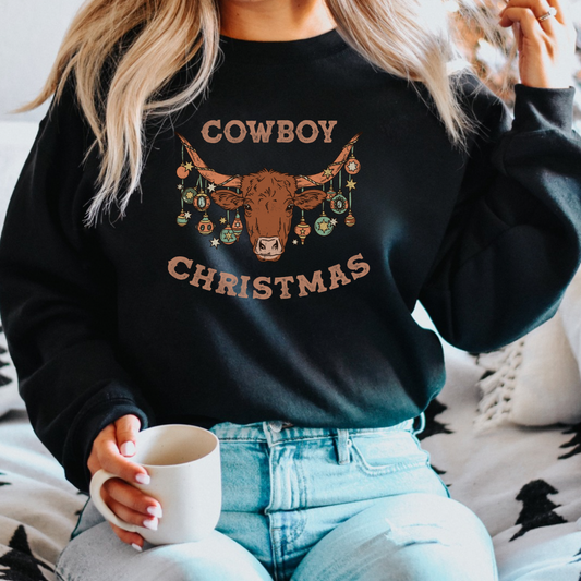 Cowboy Christmas black crew neck. western Christmas sweater, rodeo Christmas, cowboy sweater, long horn, highland cow, ornament, crew neck,